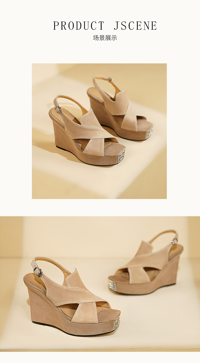 Sandal cao gót nữ hở mũi đế xuồng 10cm da lộn quai miệng cá — Màu đen chi tiết 6