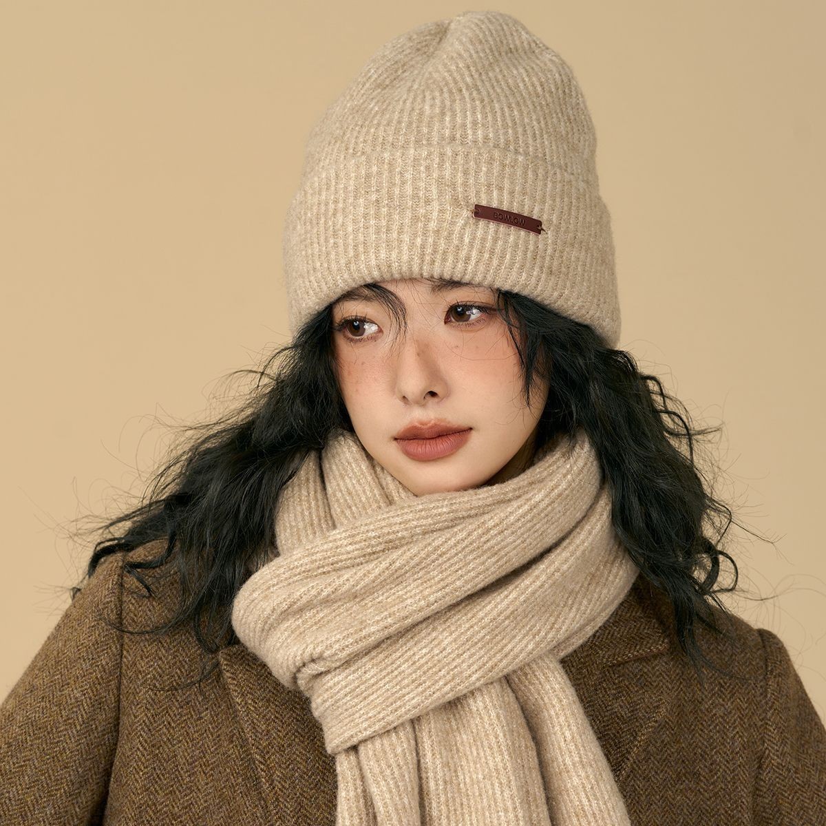 Solid color winter retro khaki knitted keep warm scarf
