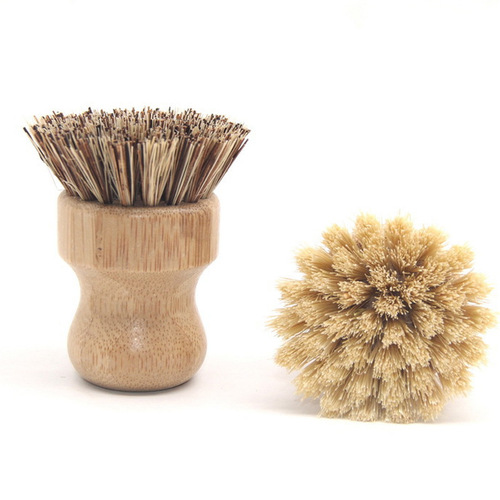 Kitchen cleaning brush sisal palm nan bamboo short handle round dish brush dishwashing brush household pot brush coconut palm short handle brush