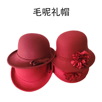 新款时尚毛呢帽子女纯色圆顶盆帽女士气质礼帽寿衣殡葬用品代发