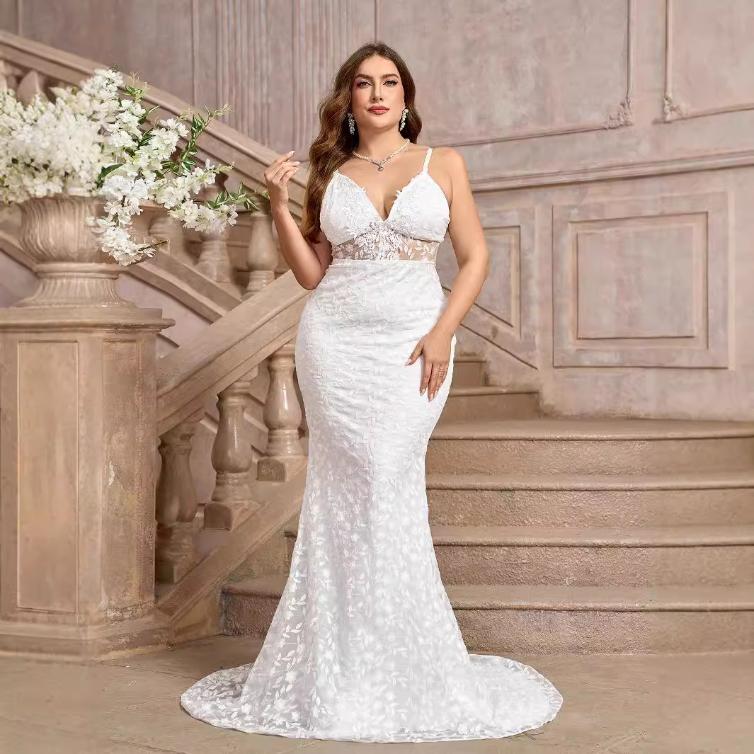 Women's Clothing large size sexy trailing white sling V neck trailing wedding dress without chest cotton_voghion.com