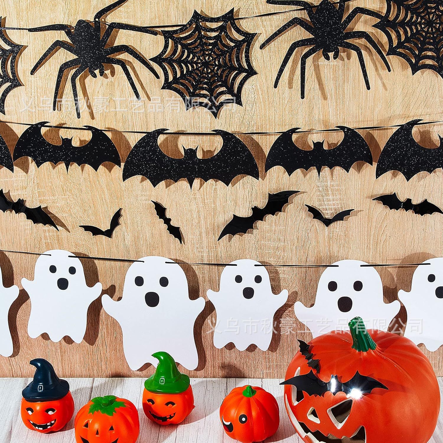 Decoración de Halloween bandera flash negra araña fantasma guirnalda 2024 nueva pegatina de pared de murciélago 3D colgante