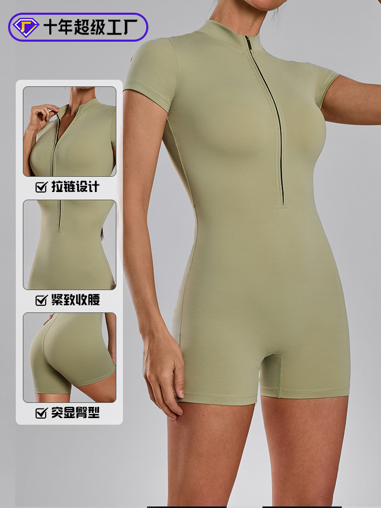 2025 primavera y verano con cremallera de mangas cortas mujeres desnudas sensación de fitness ajustado camiseta deportiva de mujeres caderas sexy abdomen