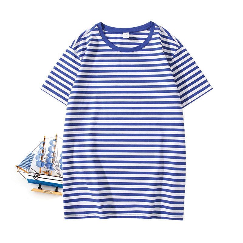 in stock Blue and White Stripe Pure Cotton Vintage Short Sleeve Sea Soul Shirt Crewneck Half Sleeve T-Shirt Striped Sailor Suit Navy Shirt Custom