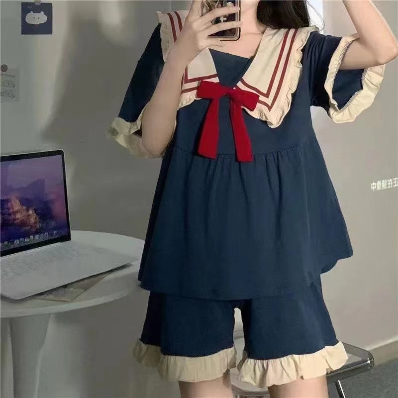 2023 de manga corta hermosa niña dulce arco princesa estilo pijamas estilo estudiante al aire libre casual traje de desgaste para el hogar