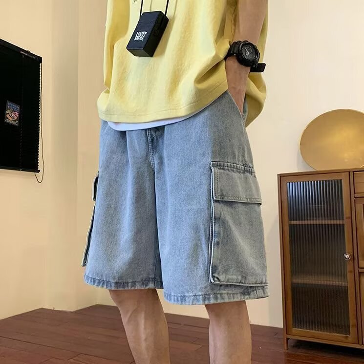 Japanese Heavy Cotton Workwear Denim Shorts for Men American High Street Retro Functional Style with Three-Dimensional Side Pockets Five-Point Shorts Japanese Heavy Cotton Workwear Denim Shorts for Men American High Street Retro Functional Style with Three-Dimensional Side Pockets Five-Point Shorts