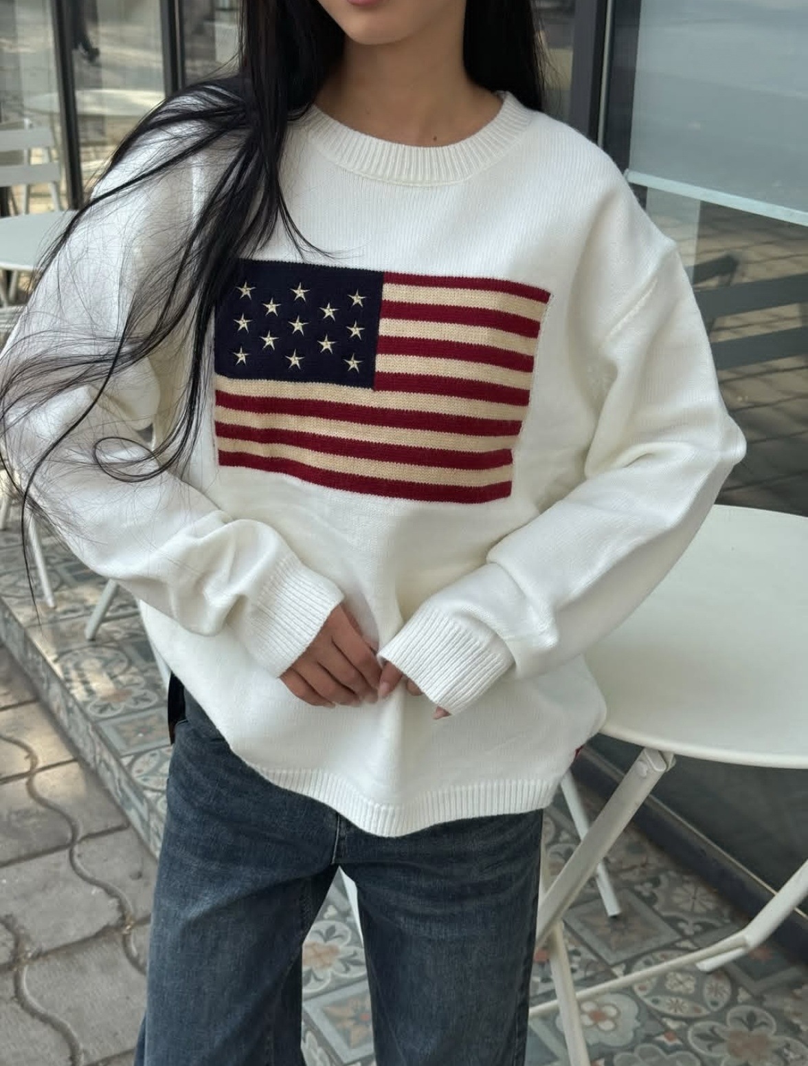 Cross-border e-commerce, European and American women's knitwear, Amazon, American flag design, loose and relaxed style, round neck, pullover sweater for women