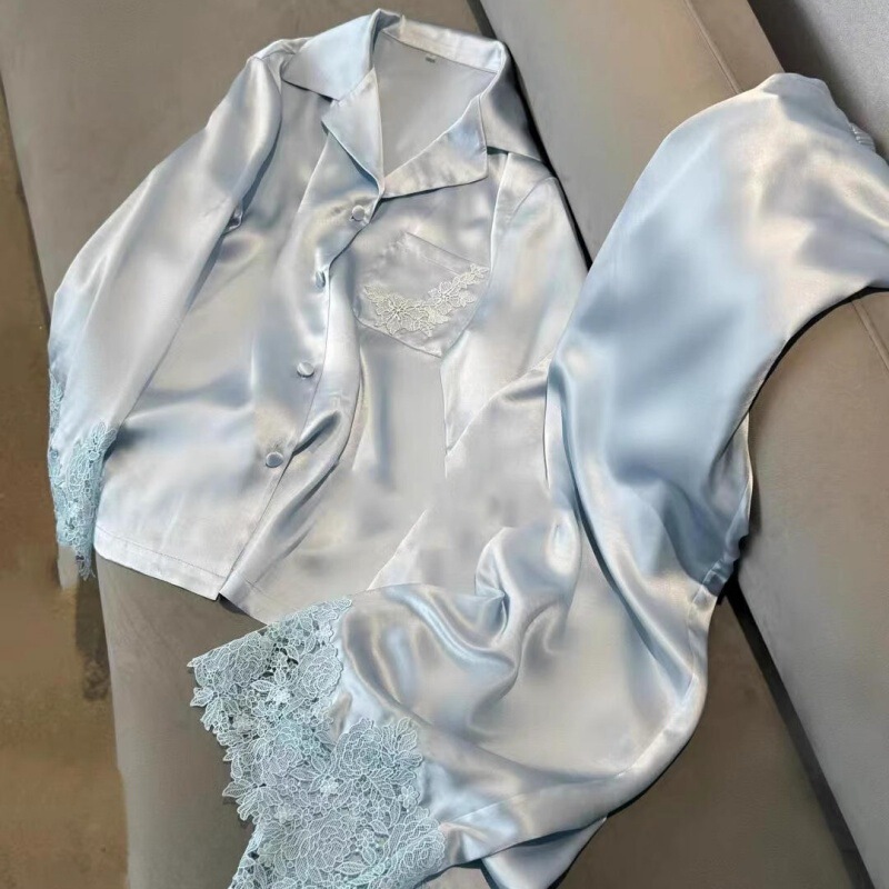 High-value Ice Silk Pajamas Women's Spring and Summer New Long-sleeved Trousers Sweet Lace Girls' Home Clothes suit