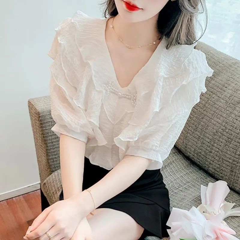日焼け防止服 V ネック半袖フリルシャツ女性のための 2025 夏の新しいフレンチスタイル多用途ルーズシフォンシャツトップ|undefined