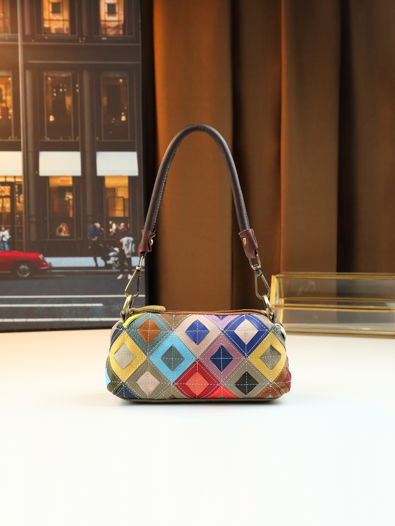 Women's Ethnic Style Colorful Plaid Leather Crossbody Shoulder Bag_voghion.com