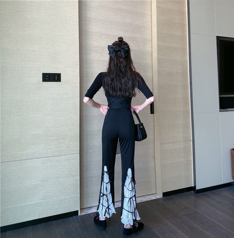 Contrast Color Pleated Bow Tie Pants Image 2