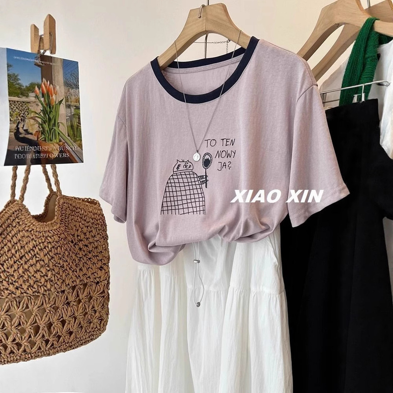 Fat mm Extra Large Size 120kg Korean Style Loose Casual Round Neck Printed Short-Sleeved T-Shirt Women's Summer Style Top Ins