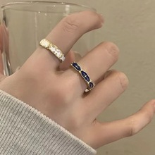 复古珐琅滴油花纹戒指女ins小众设计蓝色食指戒时尚个性百搭指环