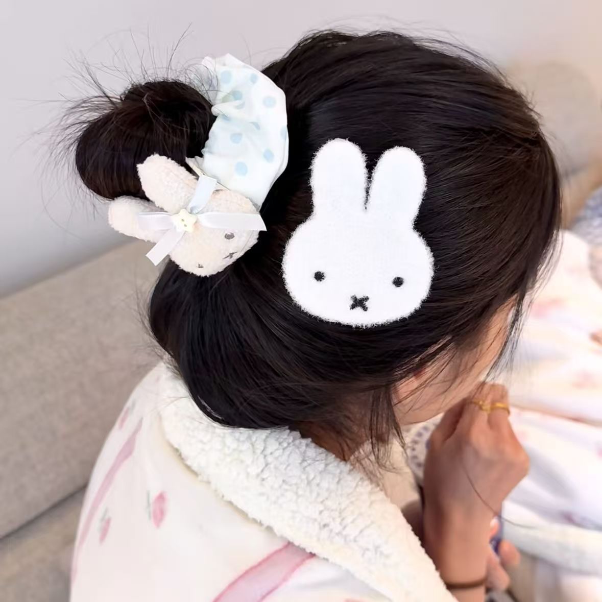 Cute Miffy Rabbit Magic Tape Bangs Patch, Plush Knitted Side Hair Clip, Exquisite Hair Accessory for Girls