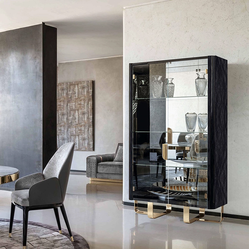 Light Luxury Glass Wine Cabinet Restaurant Wall-To-Ceiling Red Wine Cabinet Stainless Steel Home Living Room Italian Storage Decorative Cabinet