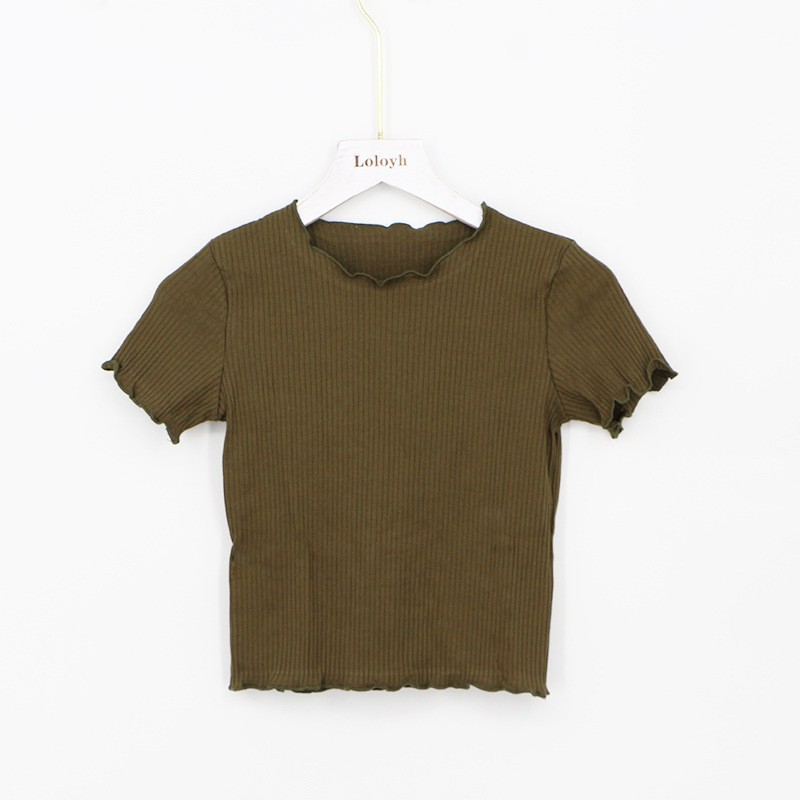 Verano camiseta de hielo de manga corta de punto de tela delgada de la mujer de cintura alta cintura corta ombligo de la clavícula delgada