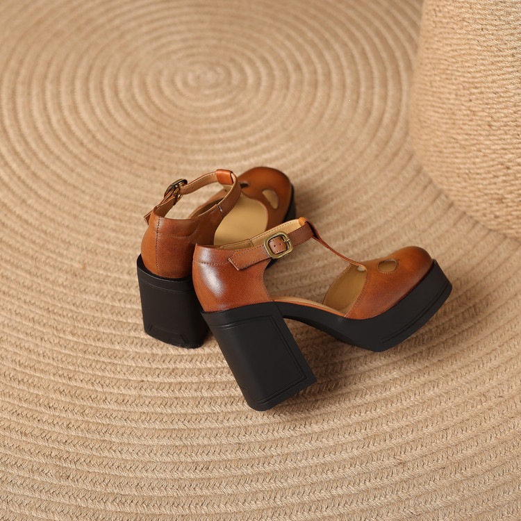 Sandal nữ đế xuồng platform gót vuông phong cách vintage khóa kim loại — màu nâu, màu đen chi tiết 47
