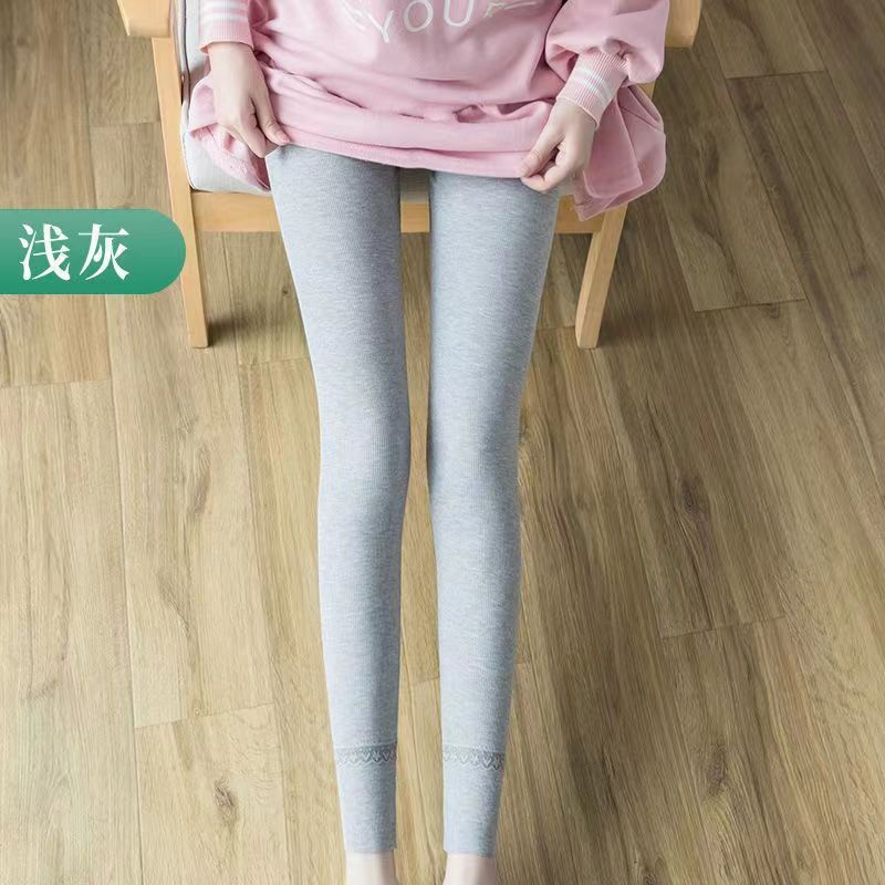 纯棉打底裤女士春秋薄款可内外穿加大码蕾丝花边弹力螺纹秋裤衬裤|undefined
