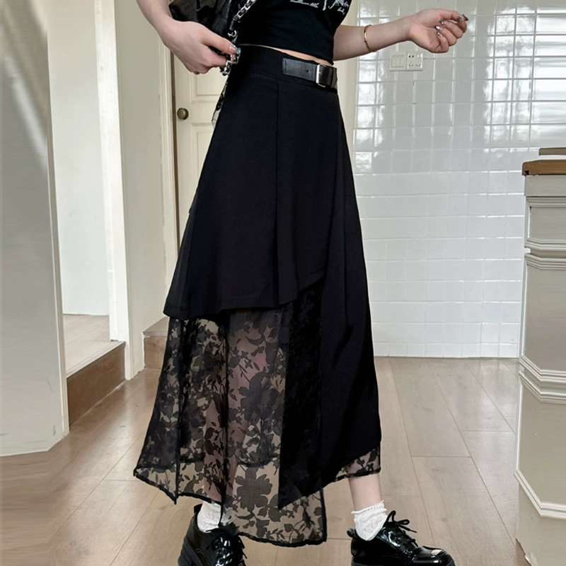 Черная асимметричная дизайнерская кружевная юбка для женщин, летняя длинная юбка трапециевидной формы больших размеров для похудения, закрывающая живот