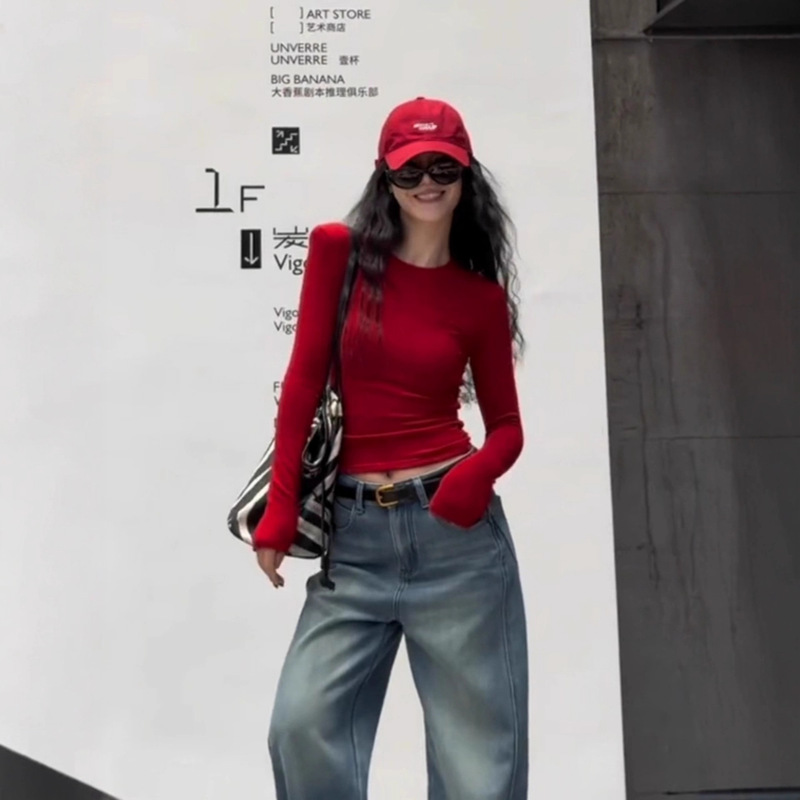 Red Round Neck Right Shoulder Long-Sleeved T-Shirt for Women Early Autum New Style Slim Fit Inner Layering Shirt Top White Red Round Neck Right Shoulder Long-Sleeved T-Shirt for Women Early Autum New Style Slim Fit Inner Layering Shirt Top White