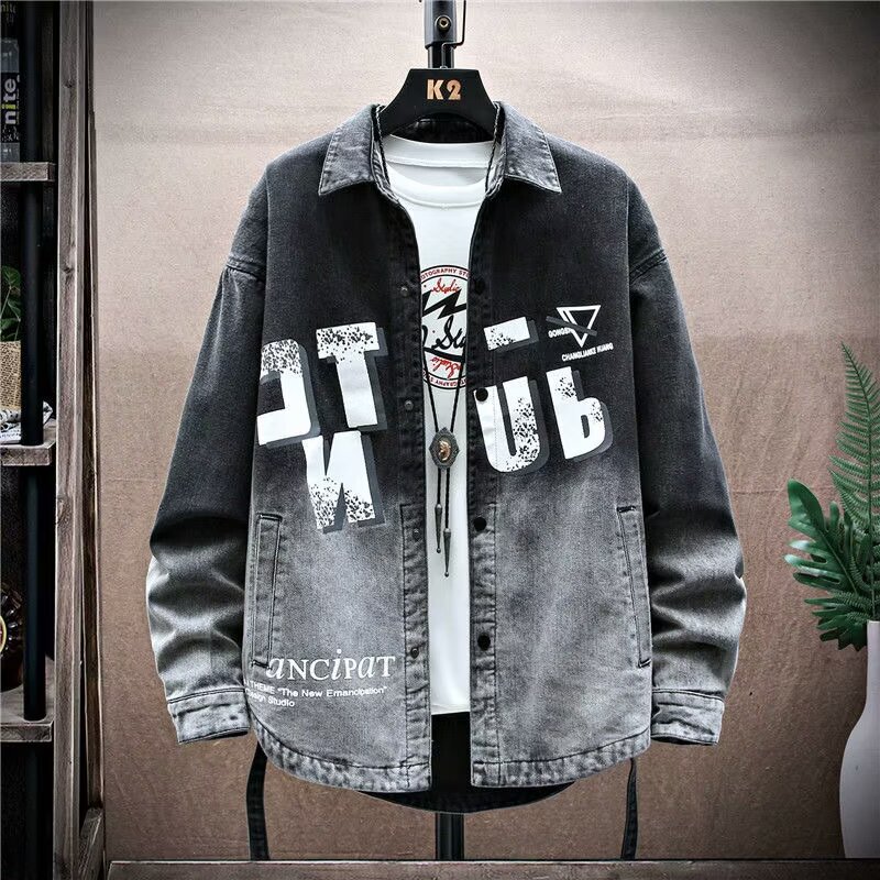 Black American Style Denim Jacket Men's Spring and Autumn New Fashion Brand Loose Printed Retro Jacket for Boys Black American Style Denim Jacket Men's Spring and Autumn New Fashion Brand Loose Printed Retro Jacket for Boys