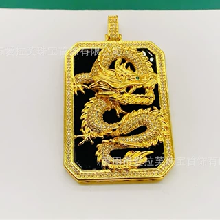 新款精品黄铜镀金镶满钻仿和田墨玉龙牌吊坠龙虎方牌挂坠首饰批发