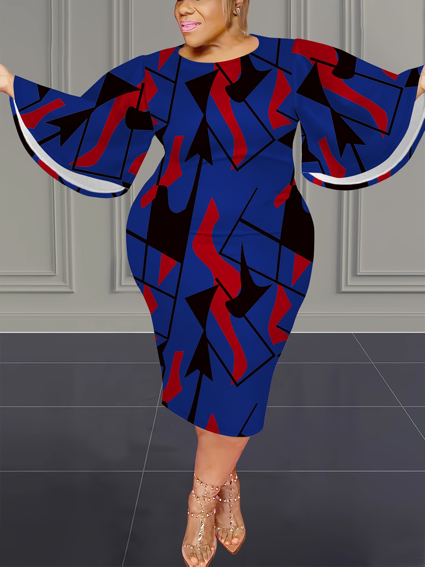 Flowy Bell Sleeve Midi Dress With All-Over Print, Plus Size A-Line Dress For Women, Elegant Casual Milk Touch Fabric Dress For Spring Autumn_ecoleips.com