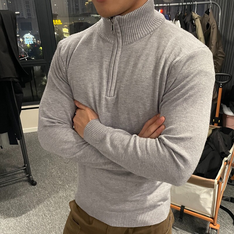 Gray Half-Zip Turtleneck Knitwear for Men in Autumn and Winter, Stand-Up Collar, Bottoming Knitwear, Slim Fit, Formal and Simple Men's Clothing