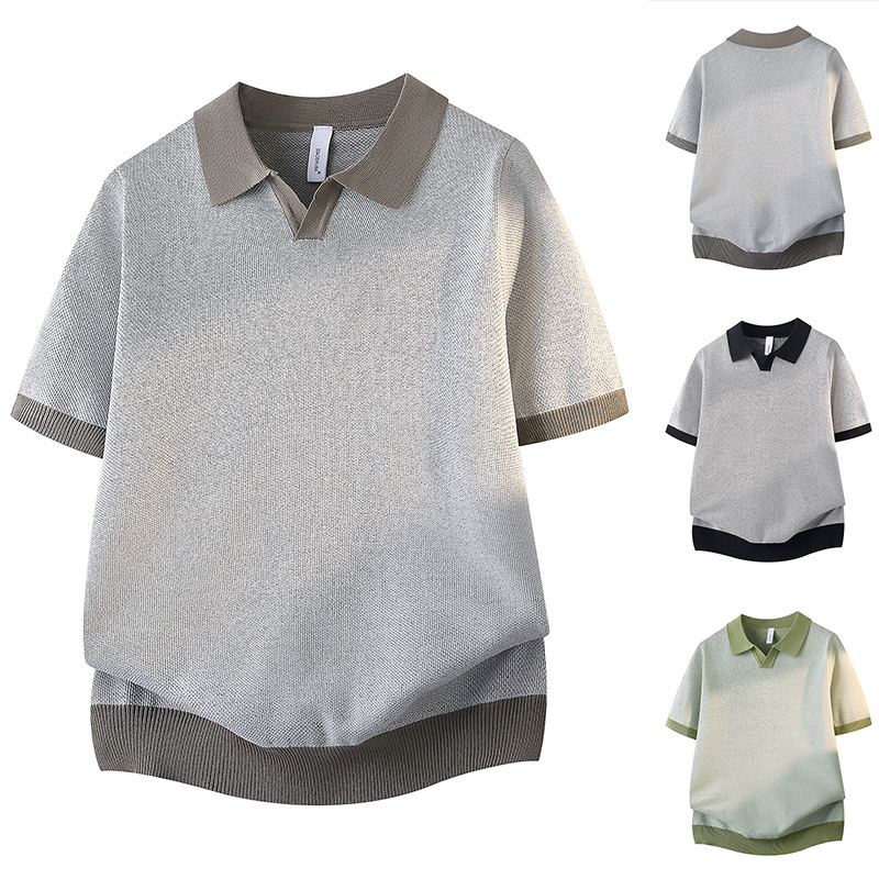 Polo camiseta de punto camiseta de manga corta hombre cuello V gaviota cuello viejo viento de negocios camiseta de hielo de verano fábrica transfronteriza al por mayor