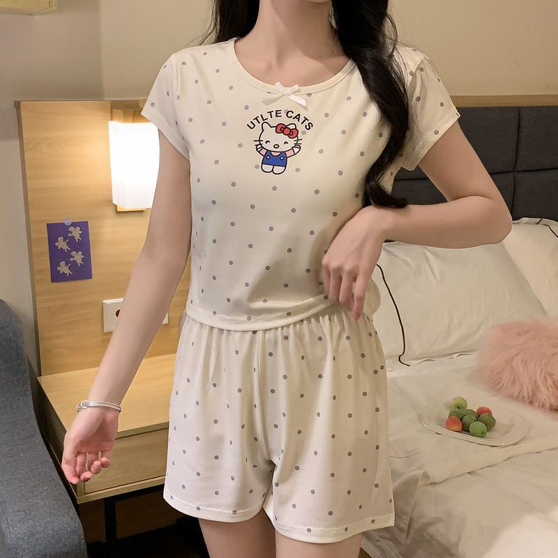 Estilo explosivo con almohadilla para el pecho, seda de hielo, cuello redondo acanalado, Douyin Live, libro rojo, moda de verano, pijamas de manga corta, servicio a domicilio para mujeres image 4
