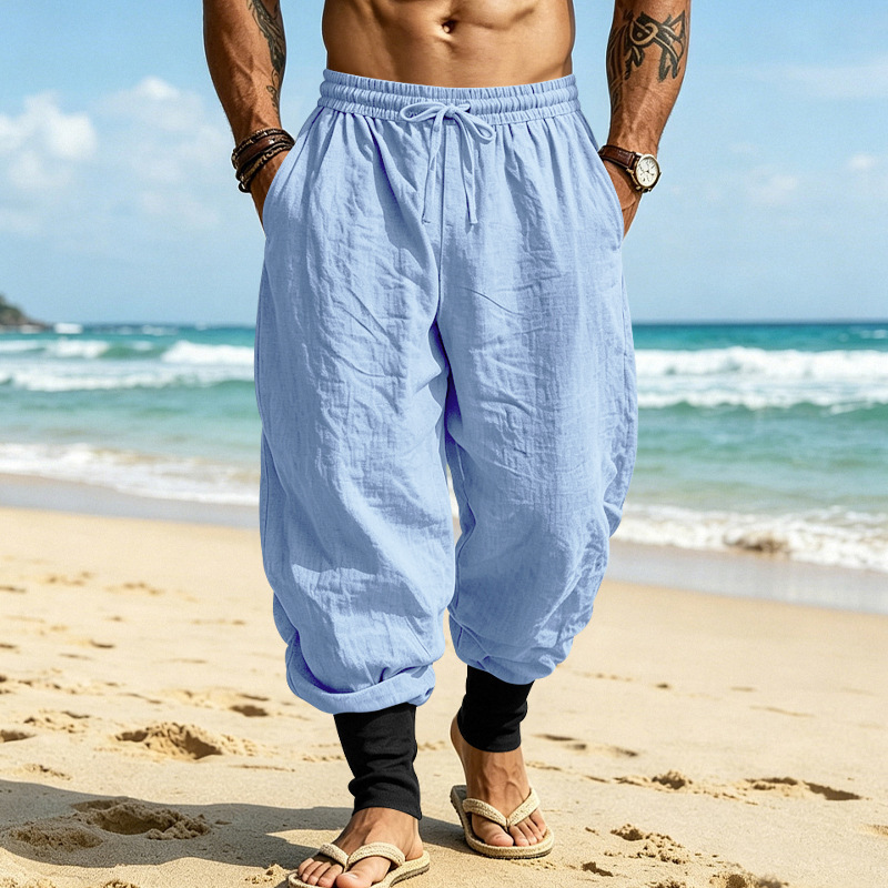 Cross-border American-style casual linen beach commuter breathable vacation color-blocked loose jogger drawstring pants wholesale Cross-border American-style casual linen beach commuter breathable vacation color-blocked loose jogger drawstring pants wholesale