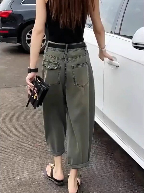 复古哈伦牛仔裤女2025夏季薄款大码梨形身材宽松显瘦八九分老爹裤|undefined