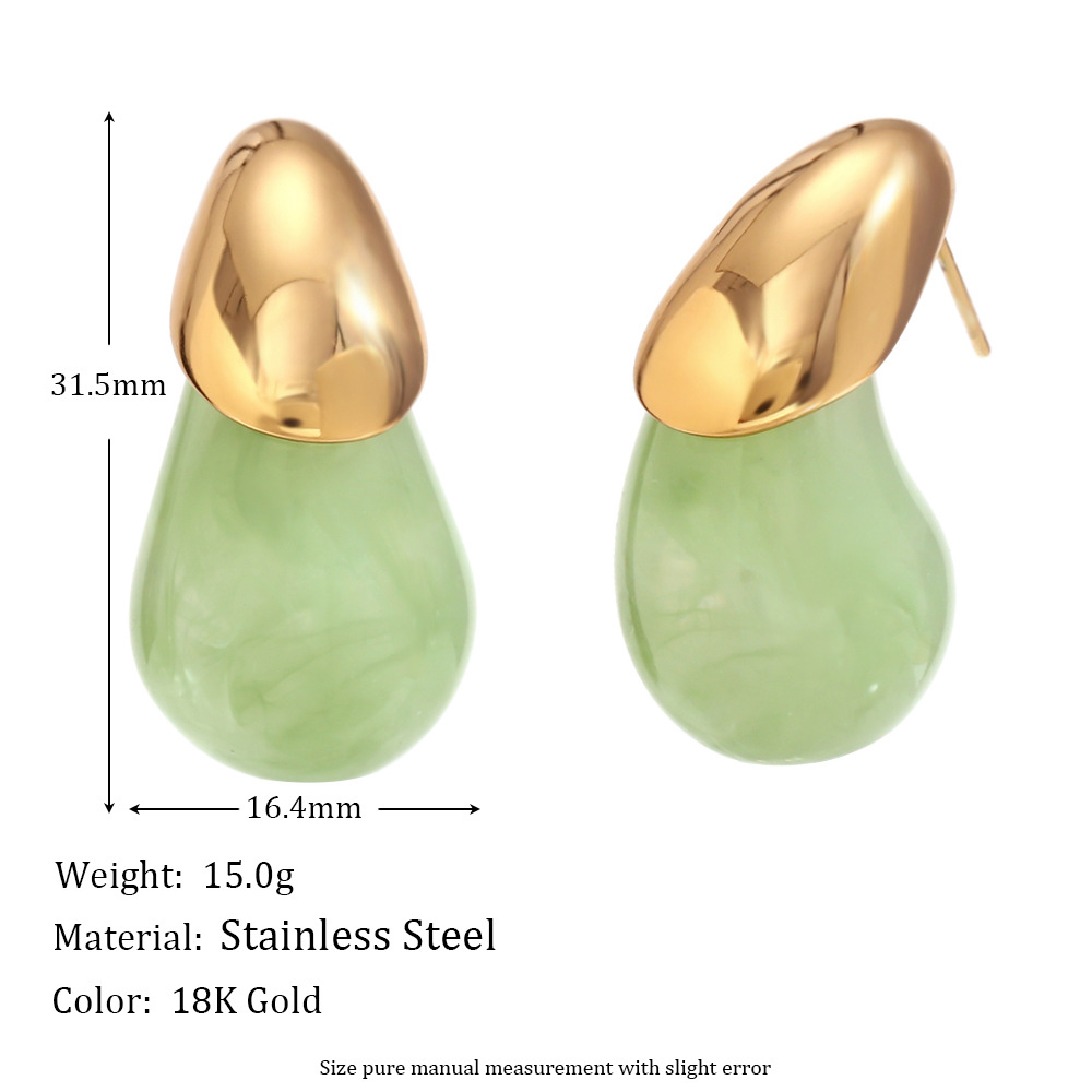 Green Resin Water Drop Stainles Steel Earrings