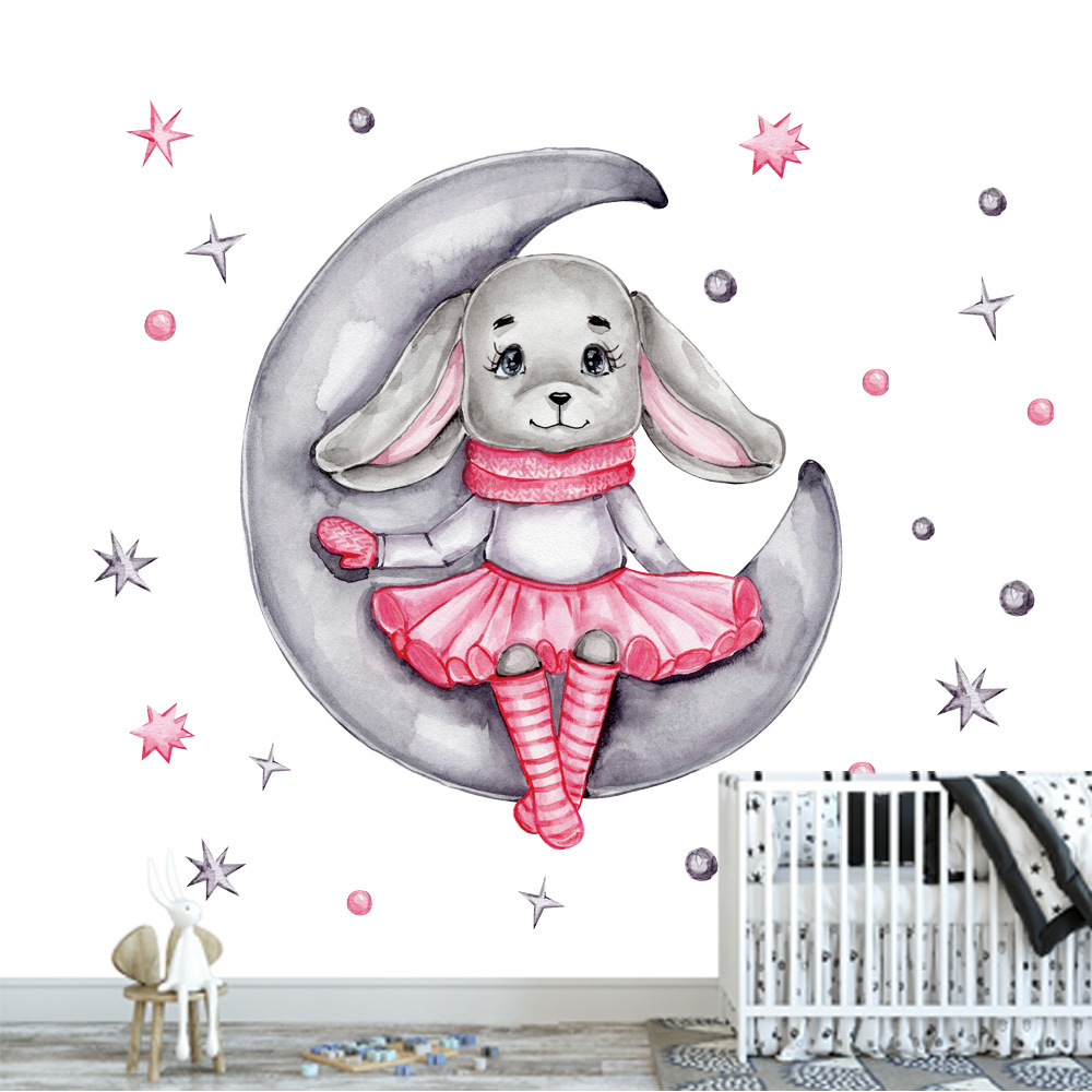 兔子月亮星星宝宝儿童房装饰贴画婴儿卧室墙贴跨境贴纸ZC-461-025