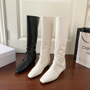 creamy-white Square Head Inner Height Boots Women's Autumn and Winter 2024 New Style Long Boots Oil Leather Slimming All-match Long Boots Women