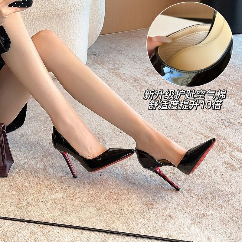 25C2 Built-In Toe Protection Air Cotton ~ Side Hollow Black Pointed Toe Stiletto High Heels for Women 2025 Patent Leather Elegant European and American