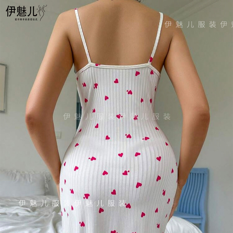 亚马逊新品心形印花撞色居家服开叉蕾丝花边蝴蝶结吊带裙5046|undefined