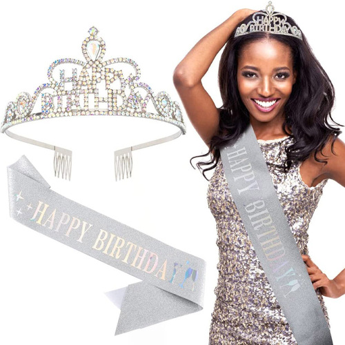 Factory direct sales HAPPY birthday shoulder strap birthday crown gift belt set multi-color ribbon