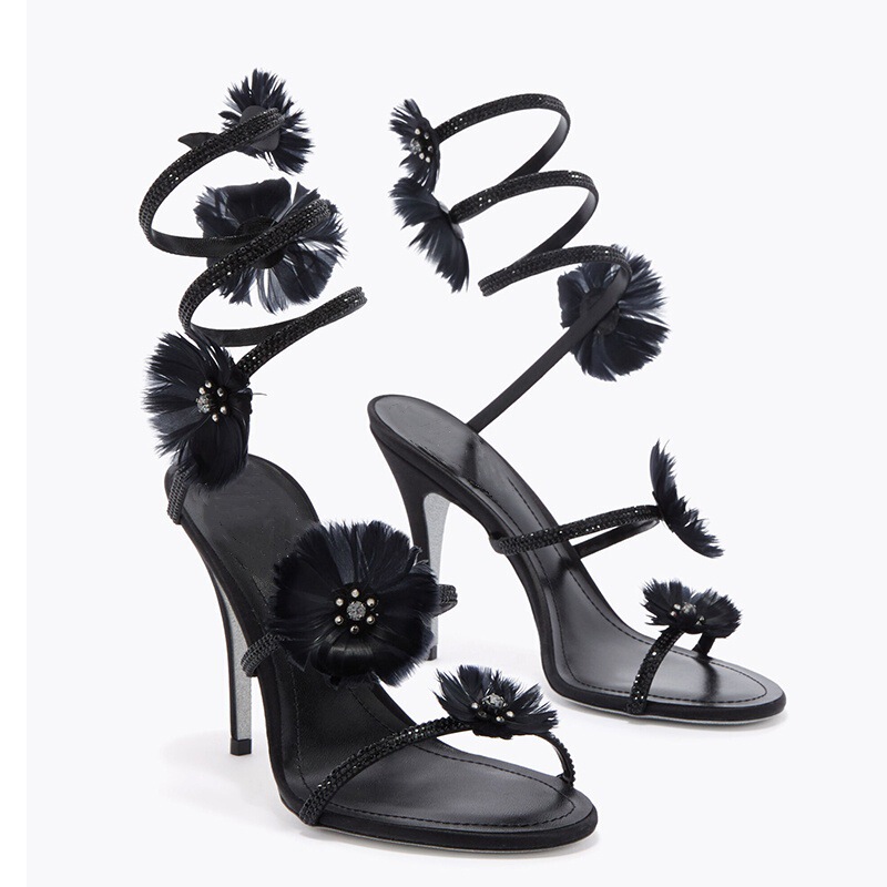 New foreign trade model: rhinestone feather flower entwined open-toe high-heeled sandals for women, stiletto crystal shoes, exquisite wedding shoes New foreign trade model: rhinestone feather flower entwined open-toe high-heeled sandals for women, stiletto crystal shoes, exquisite wedding shoes