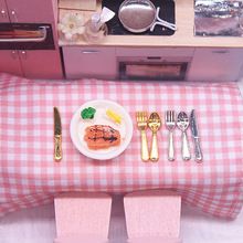 dollhouse娃娃屋迷你微缩食玩厨房用品刀叉勺蛋糕牛排汤金银餐具