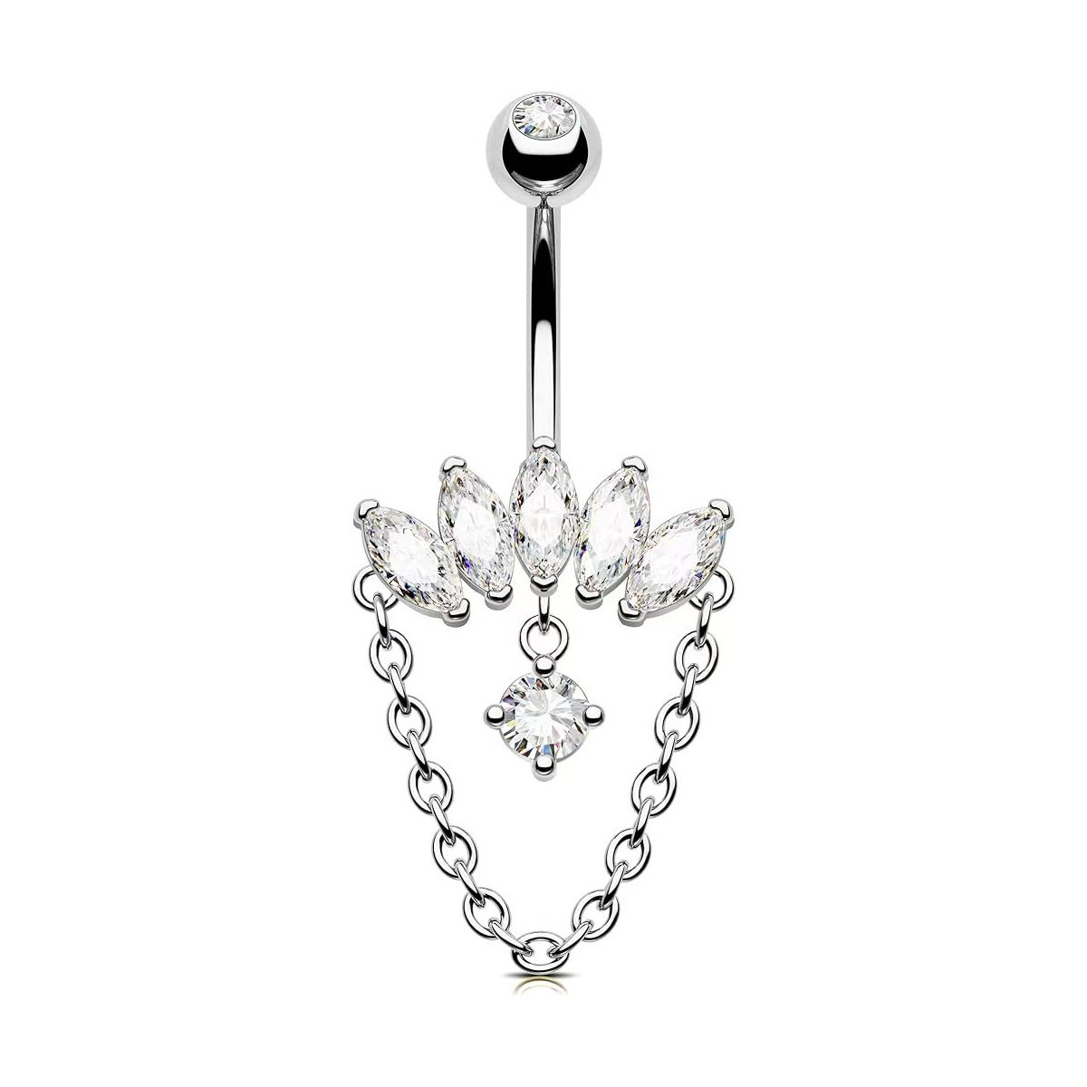 Anello per ombelico curvo in acciaio inossidabile, serie a catena, cuore, zircone, gioielli per piercing in stile street cross-border_voghion.com