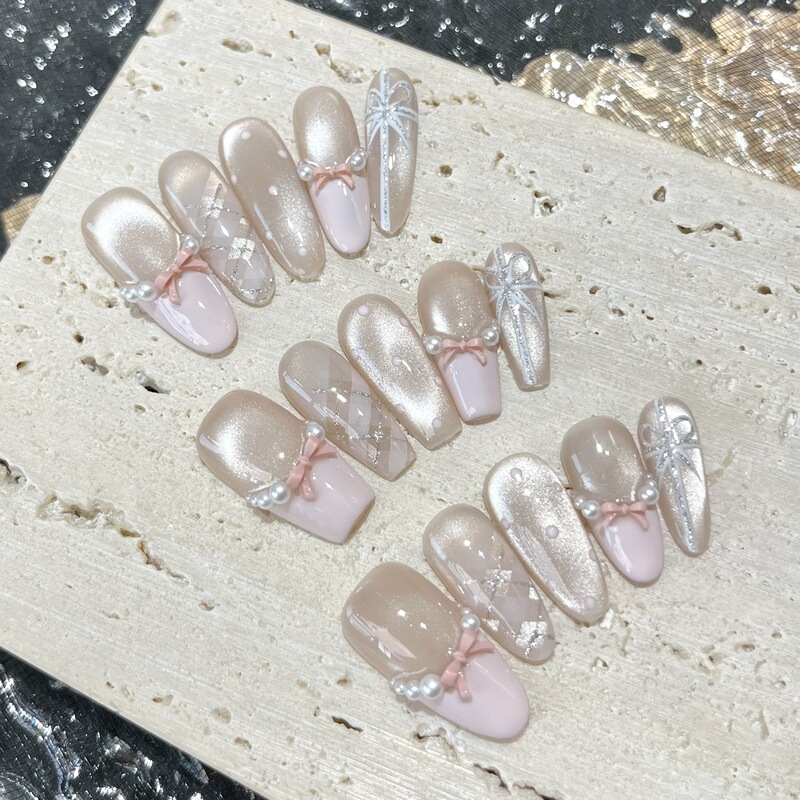 【Girl's Heartwarming Thoughts】Purely Handmade Wearable Nails with Cat-Eye Plaid Pattern and Pink French Style, Reusable Nail Pieces 【Girl's Heartwarming Thoughts】Purely Handmade Wearable Nails with Cat-Eye Plaid Pattern and Pink French Style, Reusable Nail Pieces