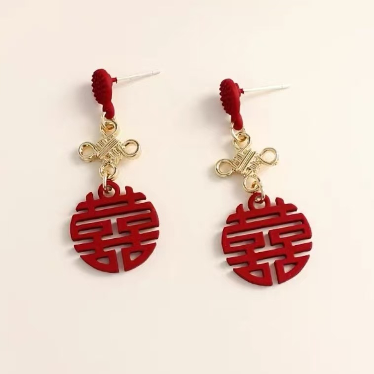 Festive Red Double-character Bride Ear Clip Retro Chinese Style Ear-less Long Tassel Bride Earrings