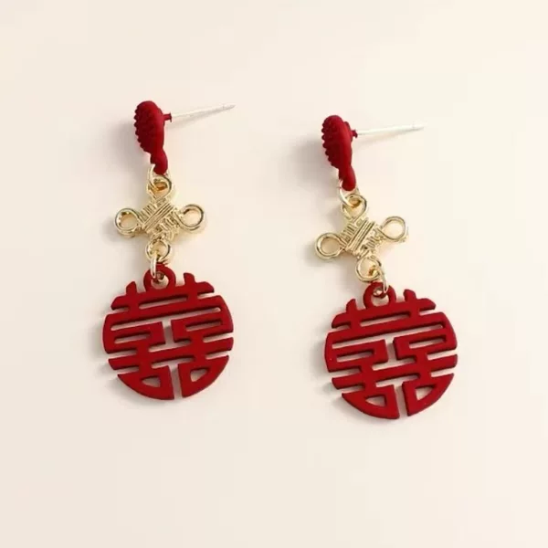 Festive Red Double-character Bride Ear Clip Retro Chinese Style Ear-less Long Tassel Bride Earrings