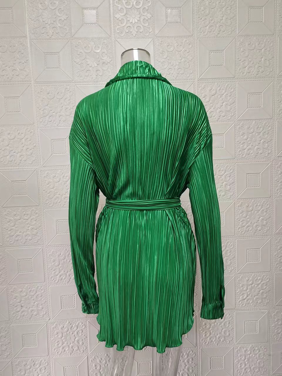 Women's Clothing 2024 women's new shirt collar fashion women's elastic waist pleated long sleeved lace up dress_mkmklike.com