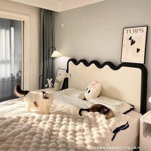 French Cream Wind Wave Ripple Bed Small Apartment 1.2 m 5 Single Double Bed Light Luxury Leather Master Bedroom Storage Bed