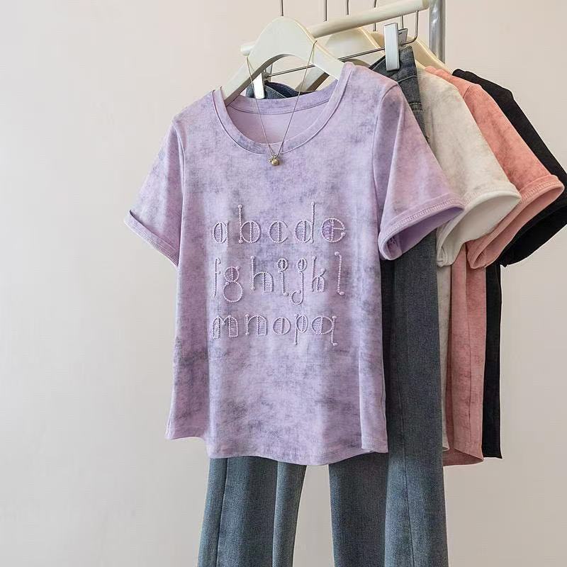 Plus-Size Women's Summer New Tie-Dye Letter Fashion Embroidered Sequin Slimming Loose Short-Sleeve T-Shirt Top