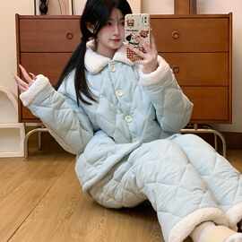 空气夹棉爆款秋冬季新款睡衣女加厚夹层保暖休闲居家服套装可外出