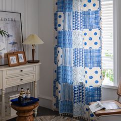 Emamiyun Bohemian Style Blue Geometric Striped Print Curtains Finished Kitchen Curtain Bay Window