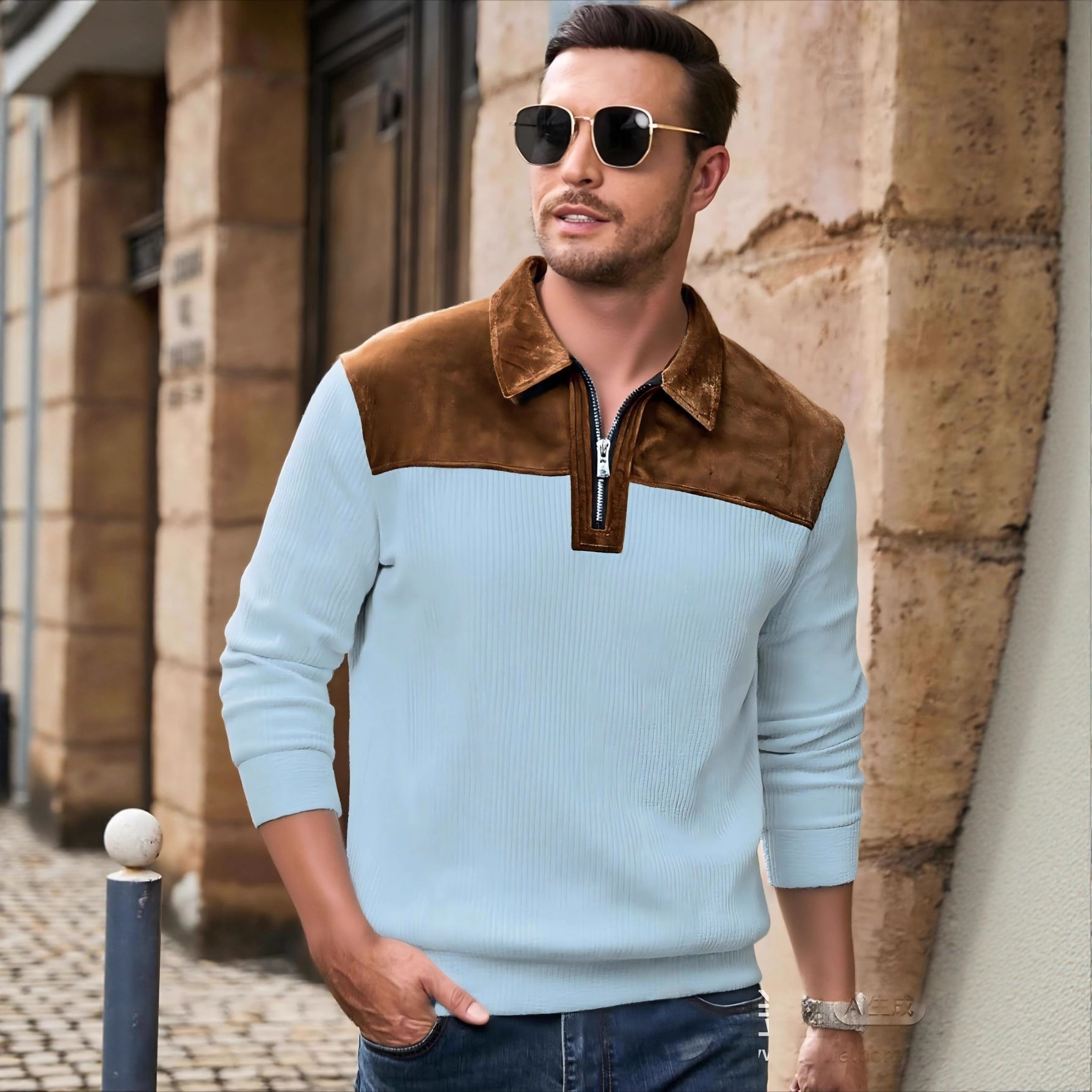 Men's Suede Patchwork Knit Sweater Zip up Long Sleeve Casual T-Shirt Breathable Spring Autumn White Polyester Outdoor Polo_voghion.com